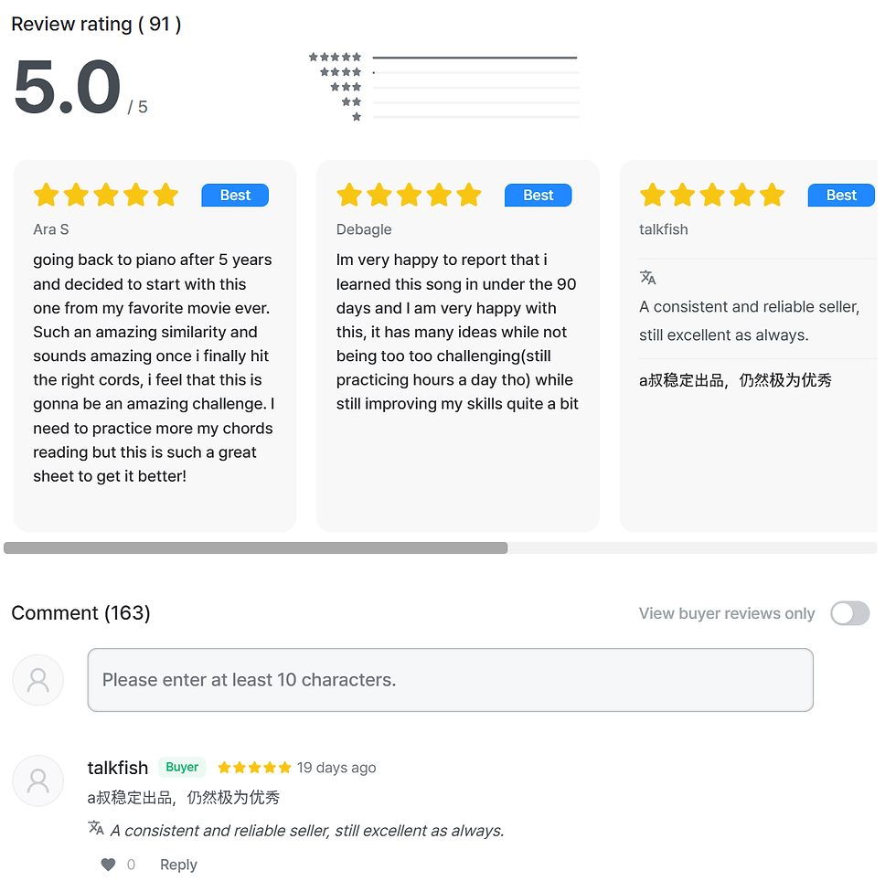 5-star reviews with comments on a product. The rating is 5.0/5. Reviews highlight product satisfaction and improvement in piano skills.
