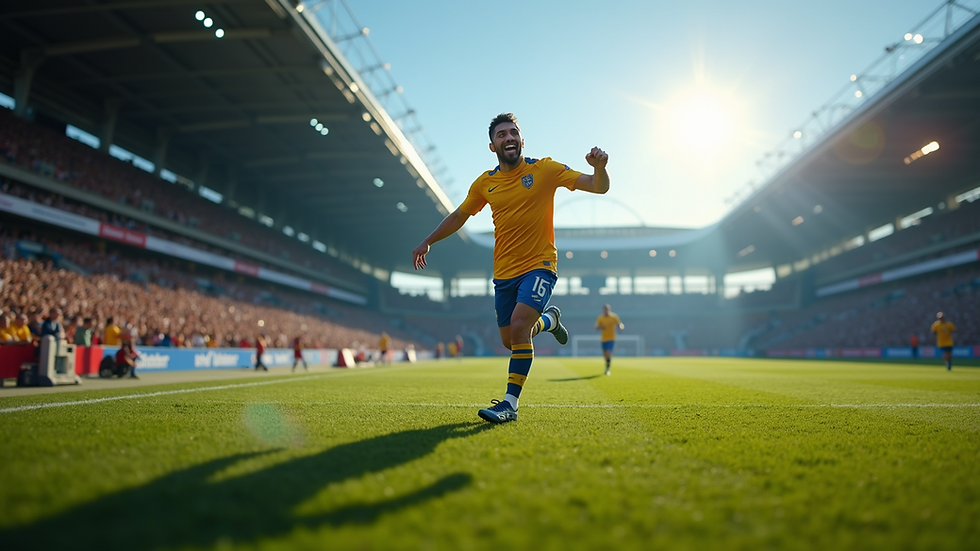Eye-level view of a soccer player celebrating a goal