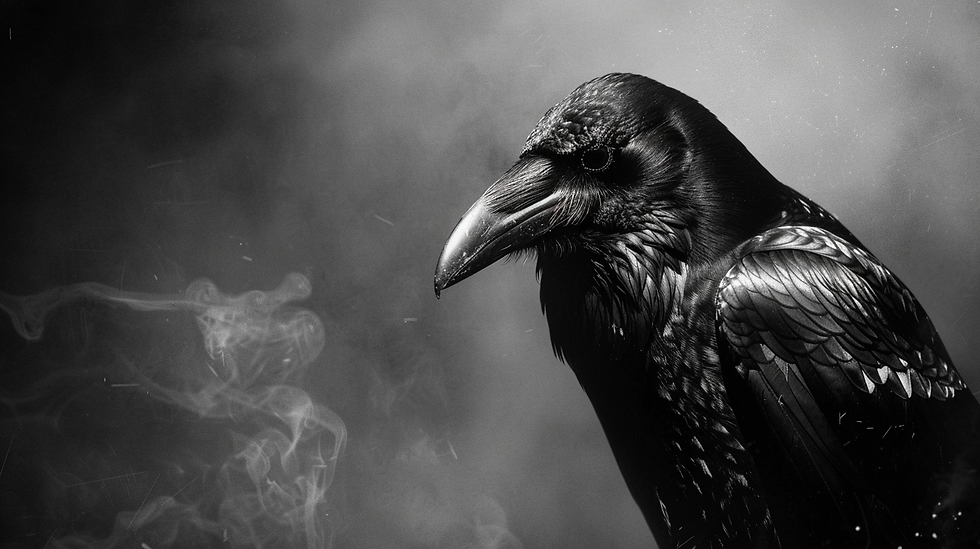 Realistic crow tattoo on a smoky, ominous background.