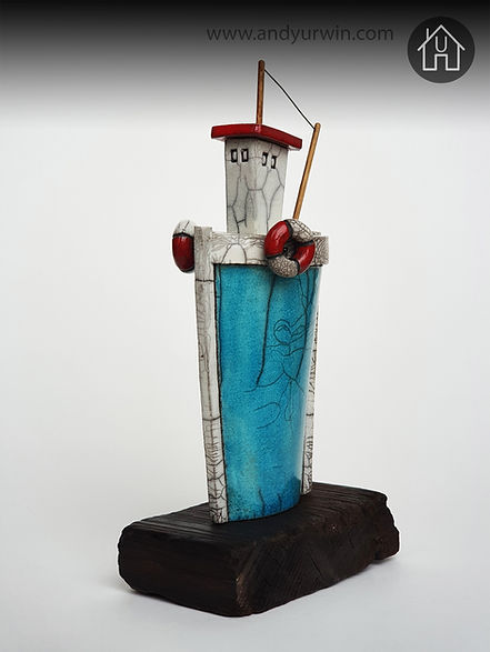 boat, trawler, fishing, lifesaver, handmade, raku, ceramics,clay, wood, base