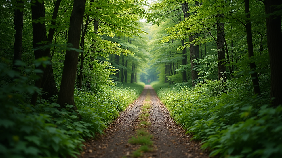 High angle view of a peaceful forest trail surrounded by green trees
