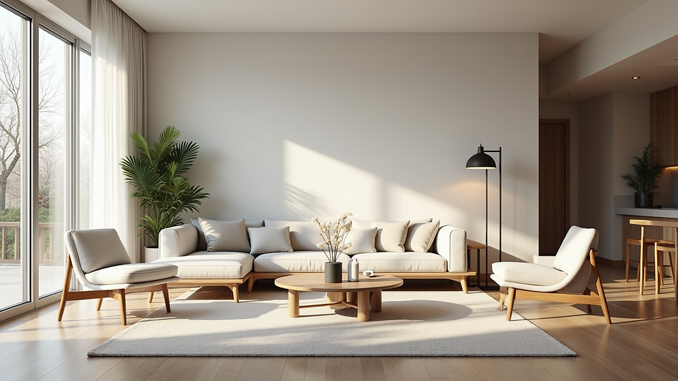 Wide angle view of spacious living room with natural light and modern furniture
