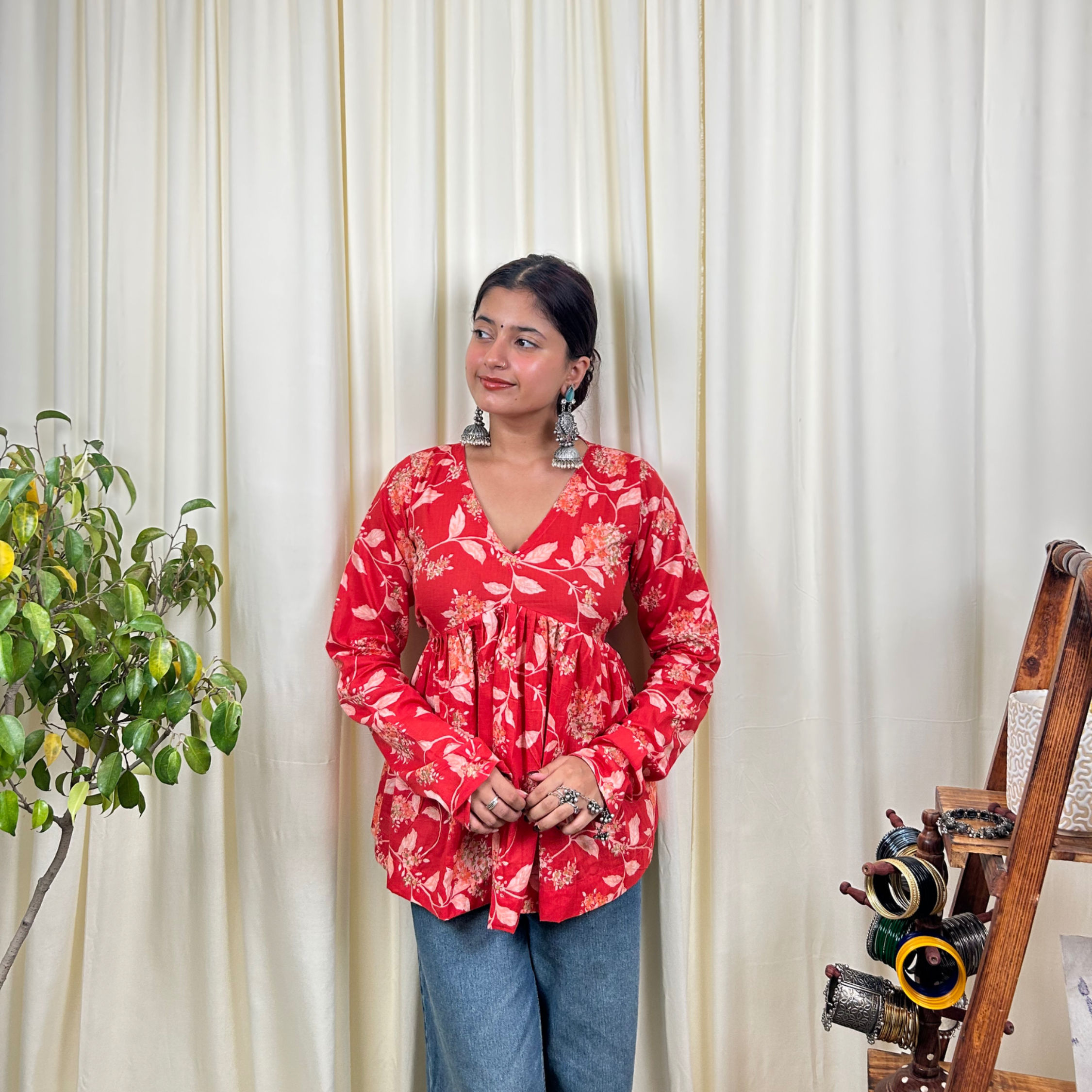 Red floral peplum top