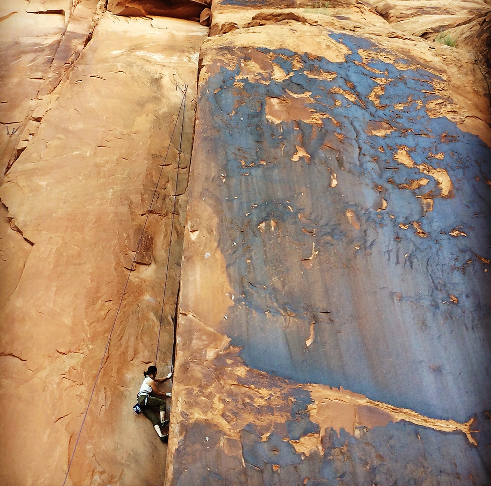 Roped rock climbing on a brown and gray mountain