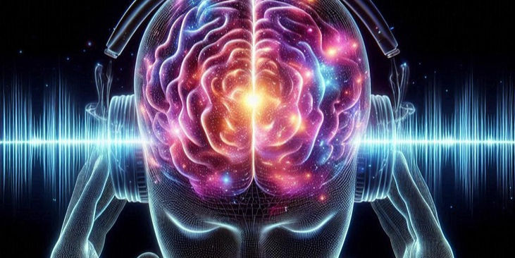 Glowing brain with vibrant colors wearing headphones, surrounded by sound waves against a dark background, suggesting a music theme.