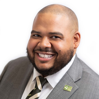 Smiling man in gray suit and striped tie