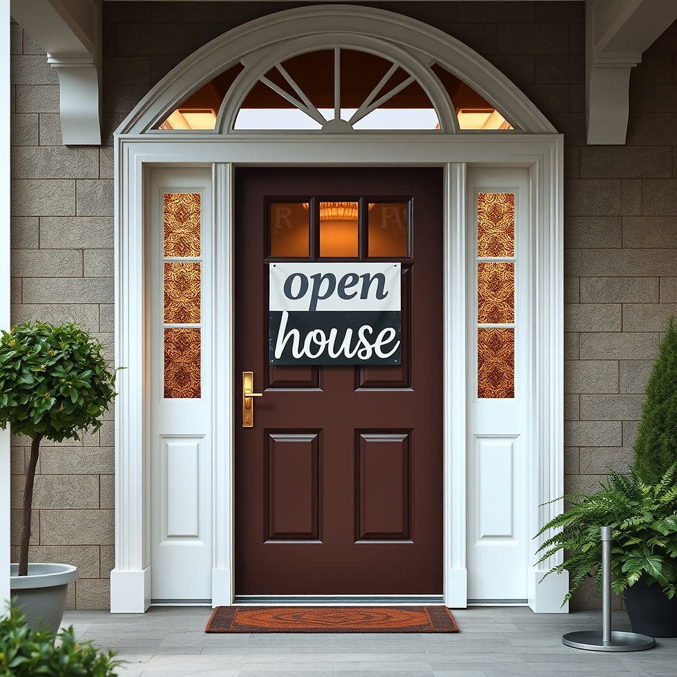 Elegant front door with an “Open House” sign, surrounded by plants and warm lighting, symbolizing a welcoming home ready for buyers.