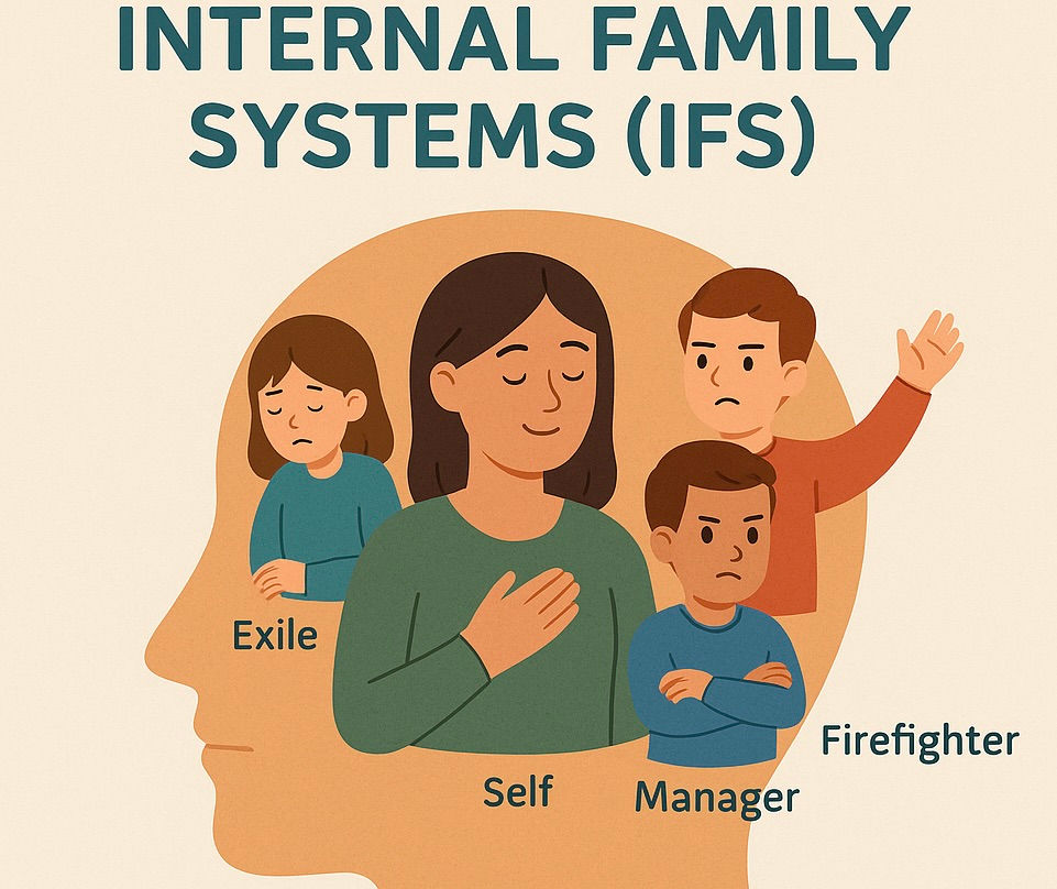 Illustration of a head with figures labeled Exile, Self, Manager, and Firefighter. Each figure expresses different parts of the self (Self, Exile, Manager, Firefighter). Text: Internal Family Systems.