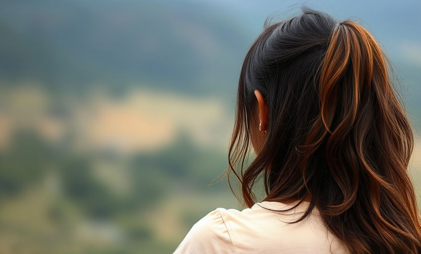 a  28 year old hispanic woman wearing a t shirt viewed from the rear in a 3_4 stance looki