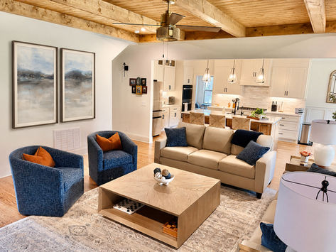 Living, Kitchen & Dining Open Concept Interior Design | Lebanon, TN | Stone Fireplace & Modern Farmhouse Style