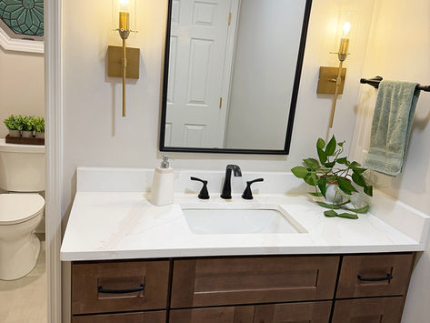 Guest Bathroom Remodel Design in Mt. Juliet, TN featuring custom vanity, quartz countertop, soaking tub, updated lighting, fresh tile, and timeless transitional finishes.
