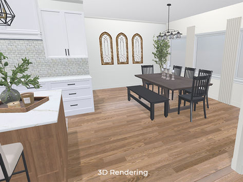 3D Rendering | Living, Kitchen & Dining Open Concept Interior Design | Lebanon, TN | Stone Fireplace & Modern Farmhouse Style