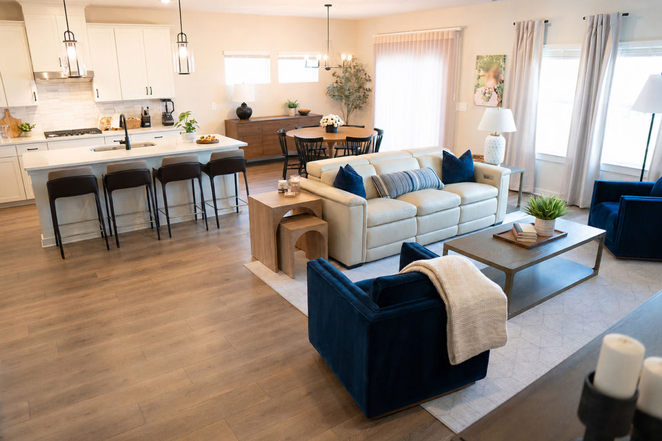 Mt. Juliet, TN modern farmhouse living and dining room interior design with neutral palette, pops of navy blue, and open floor plan.