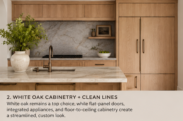 Kitchen cabinets in white oake, clean lines, and flat panel doors.