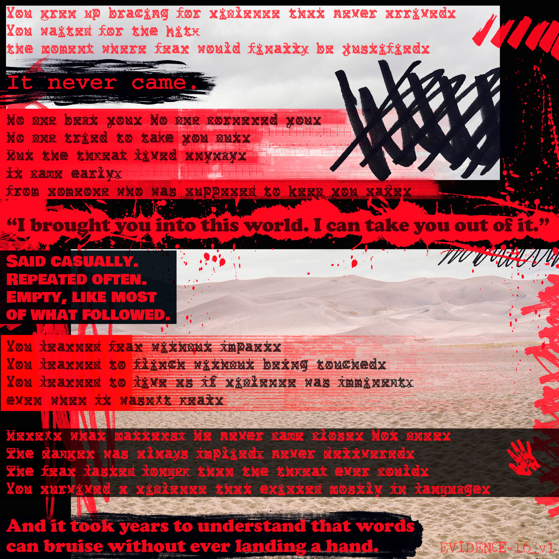 Evidence artwork with redacted text over Great Sand Dunes National Park, Colorado, typography-rich Dear Ryan series