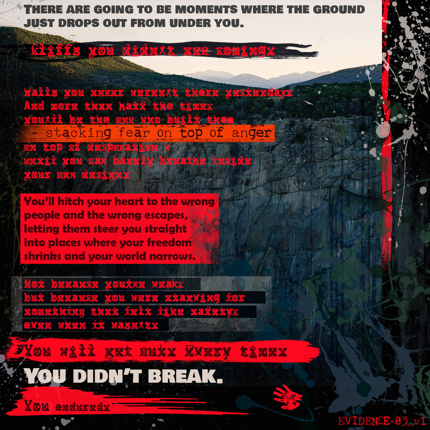 Evidence artwork with redacted text over Black Canyon of the Gunnison National Park in CO typography-rich Dear Ryan series
