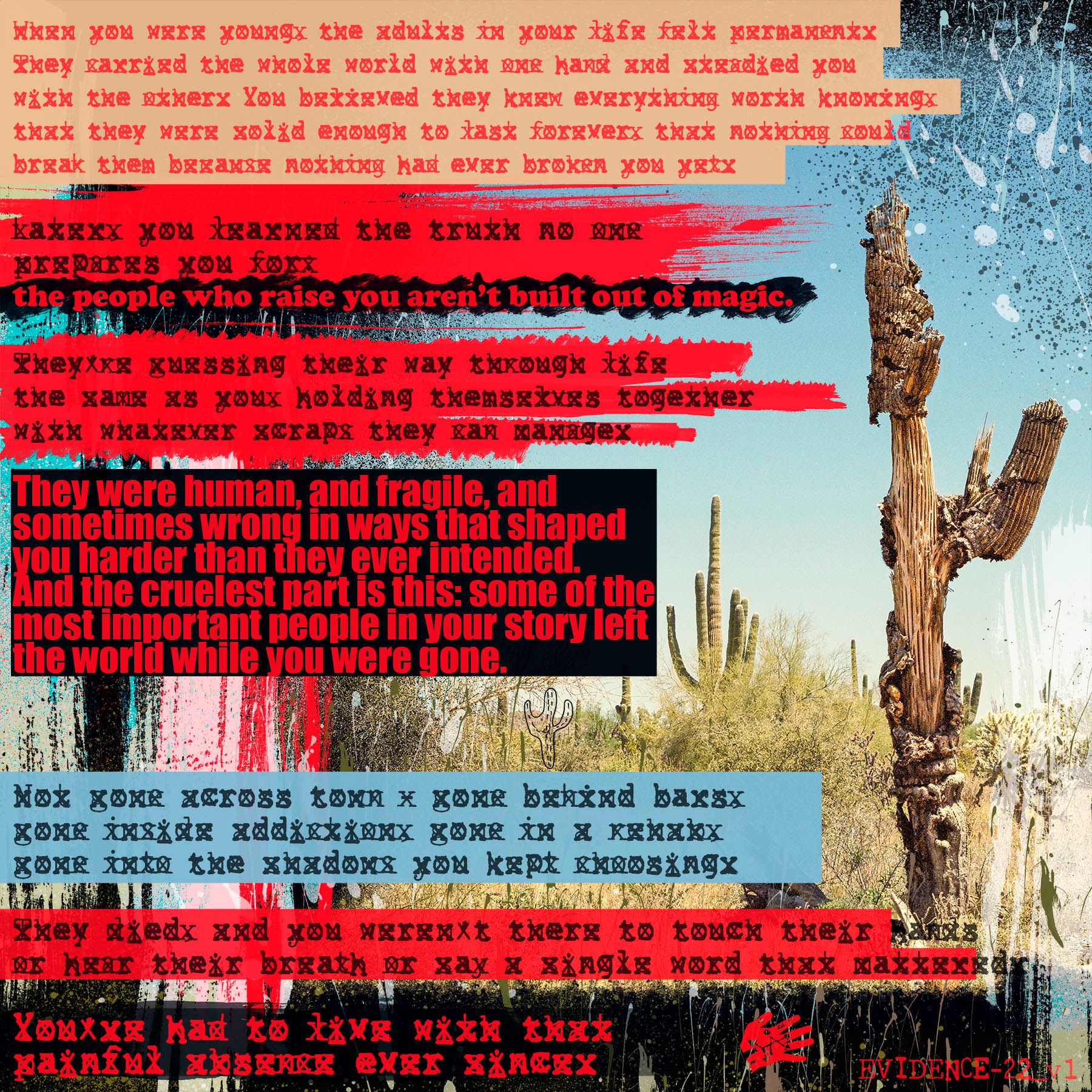 Evidence artwork with redacted text over dead cactus near Saguaro National Park, Arizona, typography-rich Dear Ryan series