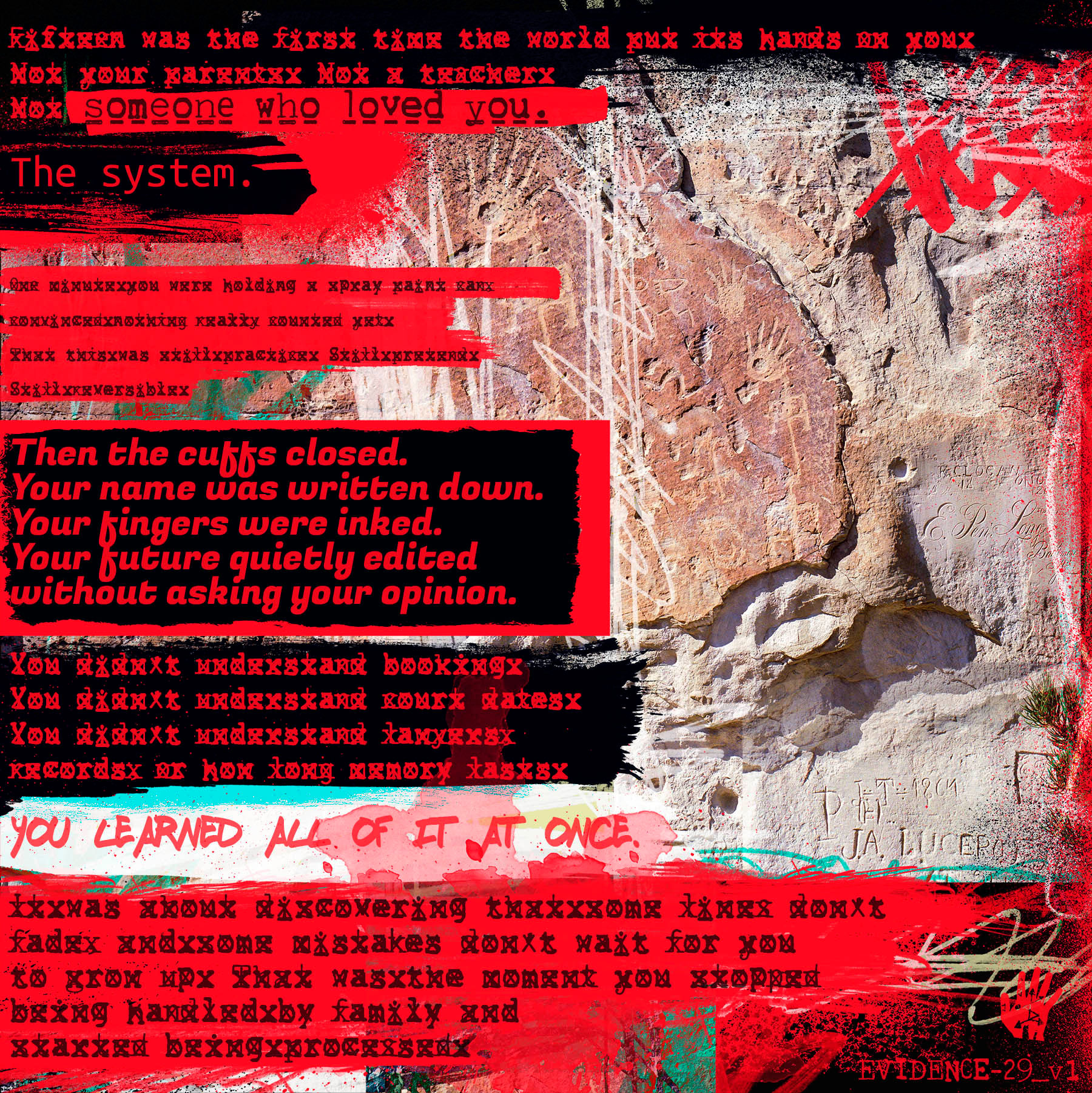 Evidence artwork with redacted text over El Morro National Monument, New Mexico typography-rich Dear Ryan series
