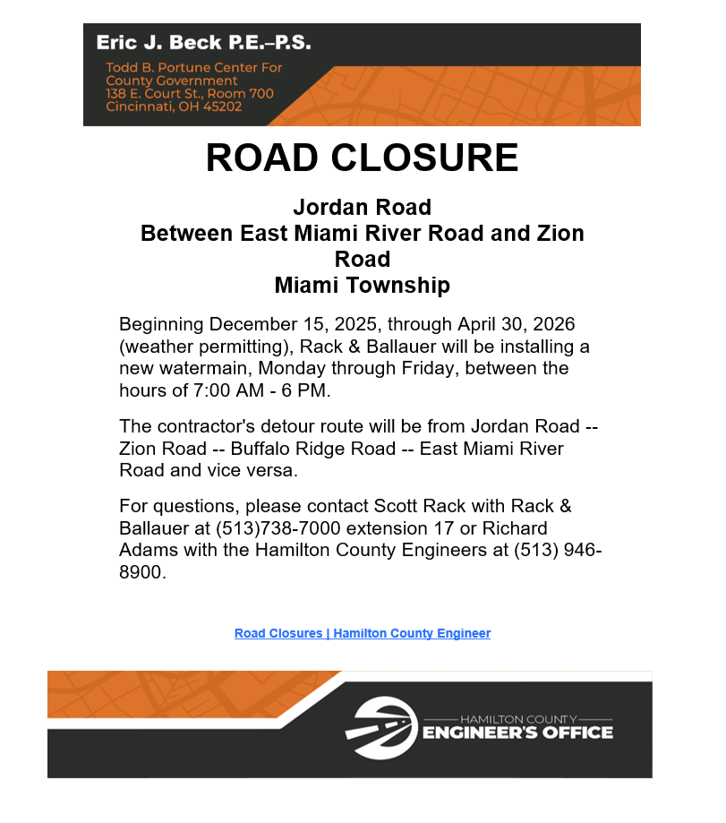 Road Closure - Jordan Road - Dec. 3
