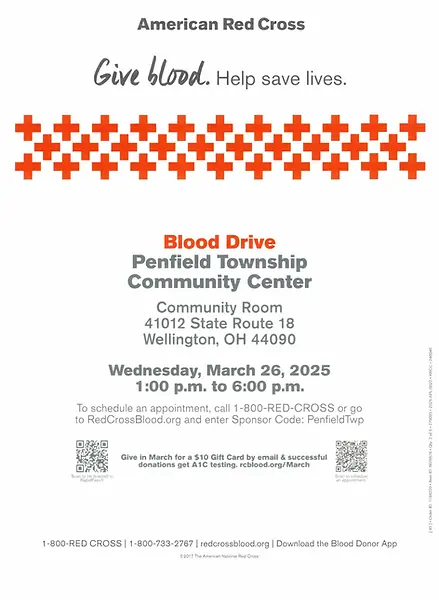 American Red Cross blood drive flyer: Give blood and help save lives. Penfield TWP thank you.