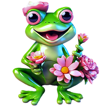 female winking frog sitting down holding