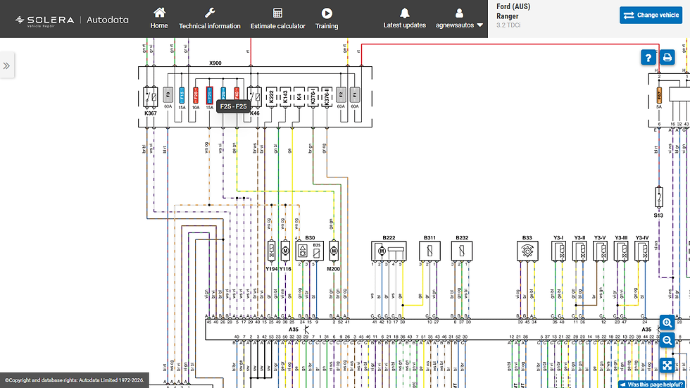 Mazda BT-50 wiring diagram showing the F25 fuse and shared engine circuits
