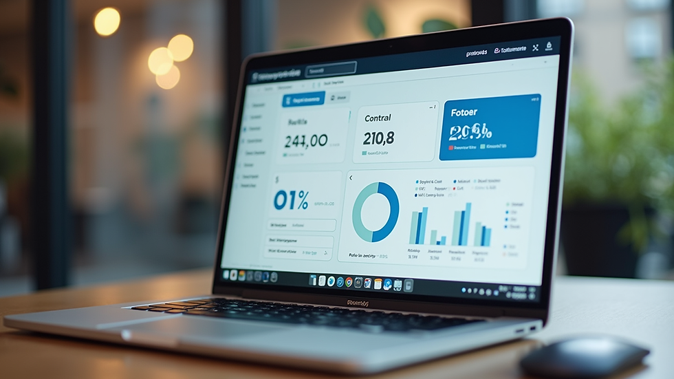 Eye-level view of a laptop screen displaying payroll software dashboard