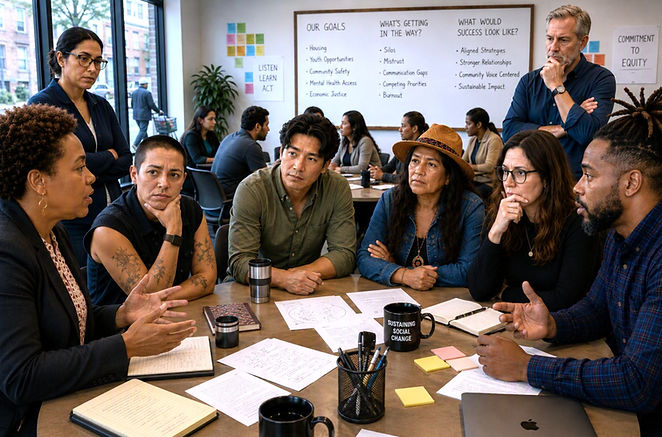 Social Change Efforts dont Fail Becuase people stop Caring. Group of people sitting at a desk, looking at eachother in a serious manner.