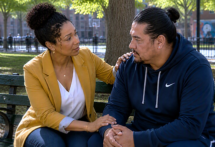 Two People on a Bench Having Serious Conversation 