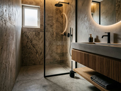 Modern renovated small bathroom with walk-in shower and floating vanity
