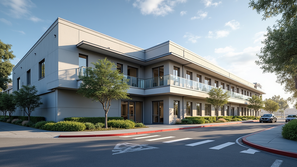 Eye-level view of Newport Beach Harbor Justice Center building