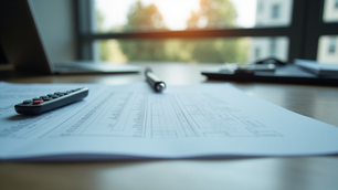 Financial documents with charts on a desk, pen and calculator beside a laptop in a sunlit office.