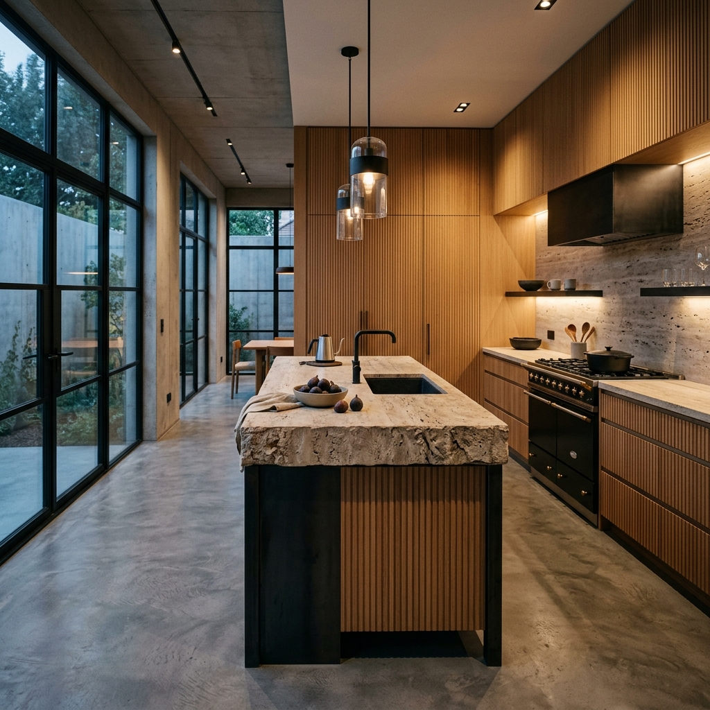 A modern kitchen with fluted oak cabinetry, raw travertine countertops, and matte black steel accents.