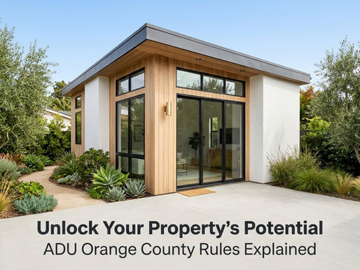 Modern backyard accessory dwelling unit (ADU) with large windows and a small patio in an Orange County neighborhood