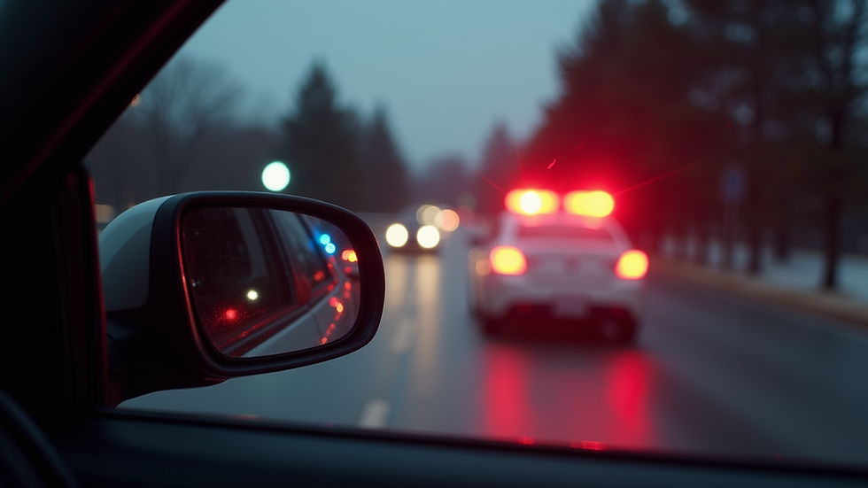Eye-level view of police car flashing lights in rearview mirror
