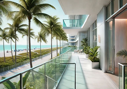 Modern Miami Beach building with sleek glass balconies and windows surrounded by tropical palm trees, representing the upscale properties maintained by M&M Maintenance and Repairs LLC.