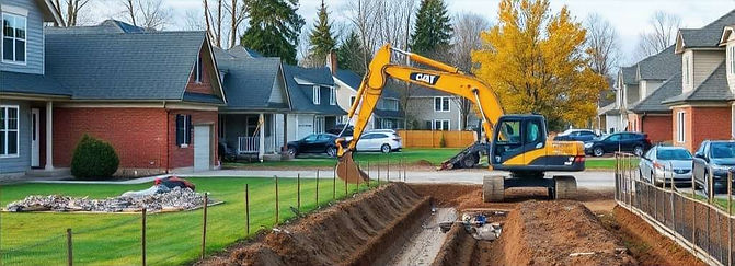 neighborhood being developed and under construction with an excavator digging trenches_com