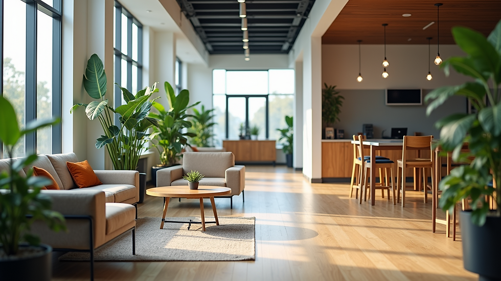 Eye-level view of a modern office break room with plants and comfortable seating