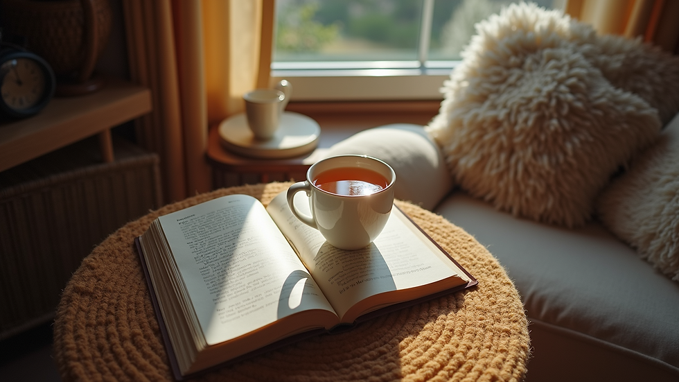 High angle view of a cozy reading nook with a journal and a cup of tea