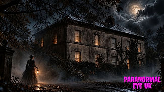 Scolton Manor takes on an eerie new atmosphere beneath a dark, stormy sky. A ghostly Victorian woman carrying a glowing lantern wanders through the mist, while moody blues and earthy brown tones give the scene a haunting, timeless feel.