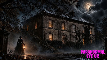 Scolton Manor stands silent beneath a brooding night sky, shrouded in mist and shadow. A lone Victorian woman with a lantern appears outside, bringing a mysterious and ghostly presence to this atmospheric paranormal scene.