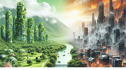 an image that juxtaposes the contrasting visions of a green, futuristic eco-city thriving 