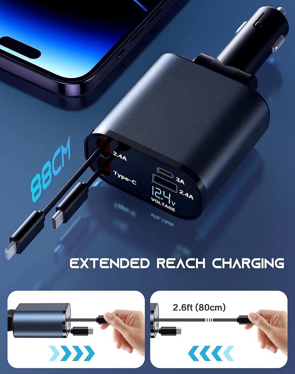 Thumbnail: Retractable Car Charger 4 in 1 Fast Car Phone Charger 120W With USB Type C Cable