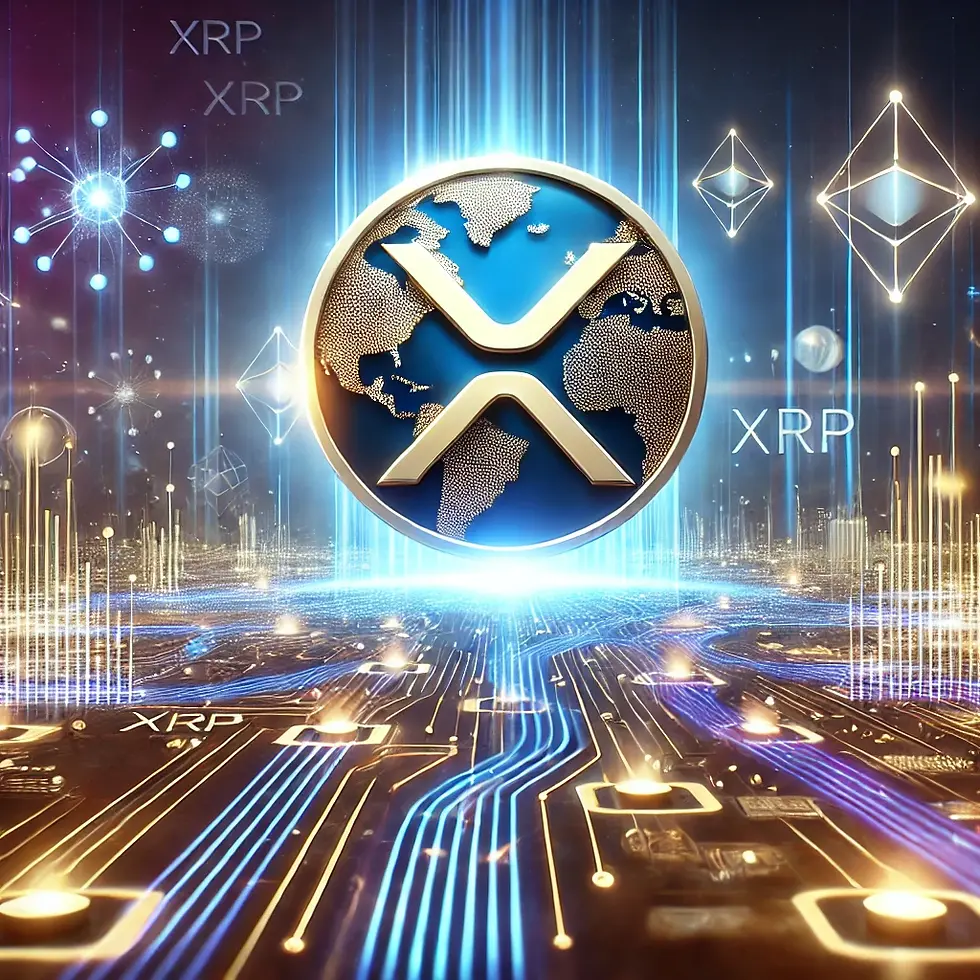 A futuristic digital financial landscape showcasing the XRP cryptocurrency logo, surrounded by fast-moving data streams, blockchain connections, and a global payments network. The image features a sleek, modern aesthetic with glowing blue and purple hues, symbolizing technology and innovation.
