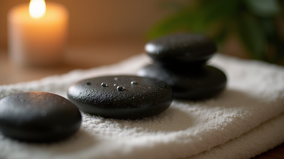 Close-up view of hot stones used for massage