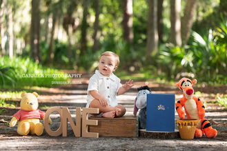 One year old baby with a Winnie the Pooh themed first birthday setup during an outdoor portrait session