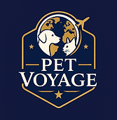 logo da pet voyage, com um cão e um gato, o planeta terra de fundo e um avião saindo dele.