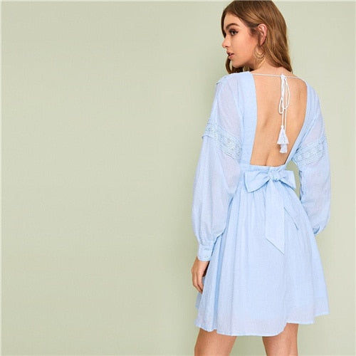 Thumbnail: Lady Sexy Guipure Lace Dot Jacquard Knot Backless Deep V Neck Mini Dress Women S