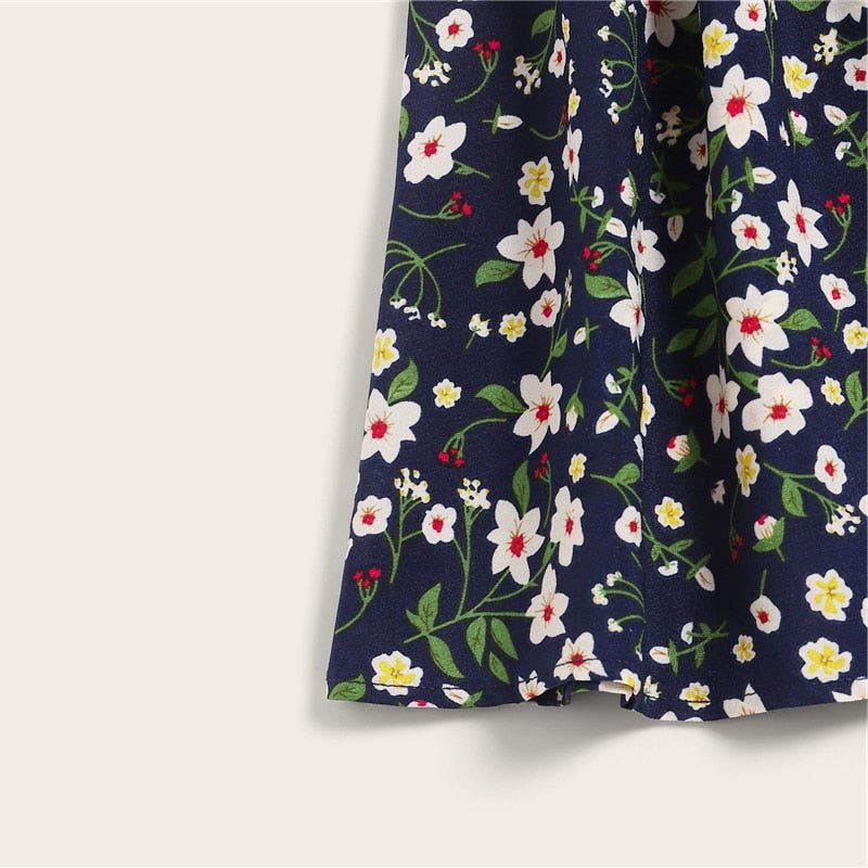 Thumbnail: Boho Navy Ditsy Floral Print Paperbag Waist Belted Flared Skirts Frilled Pleated