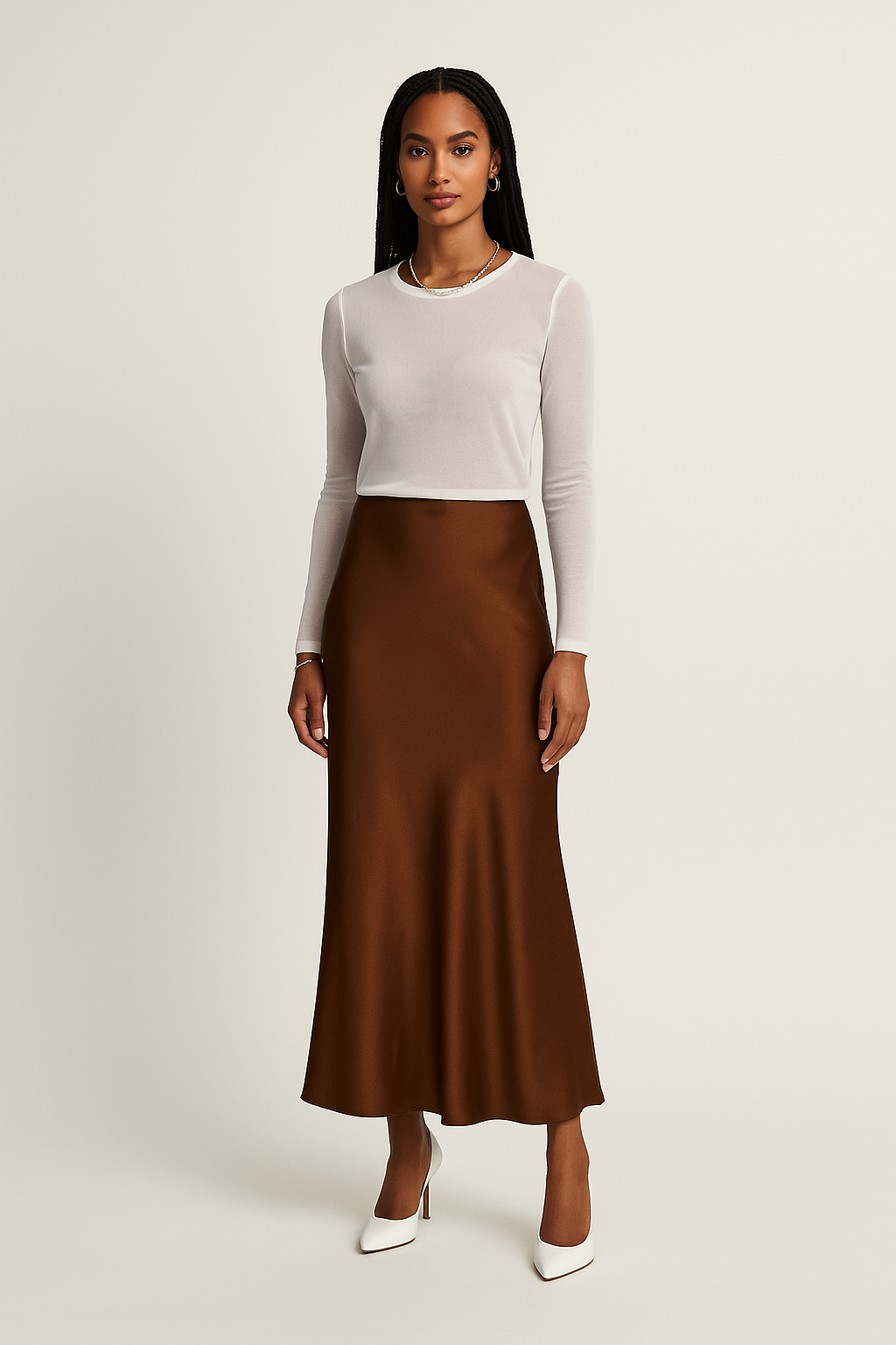 Solid Faux Satin Slip Skirt-Brown